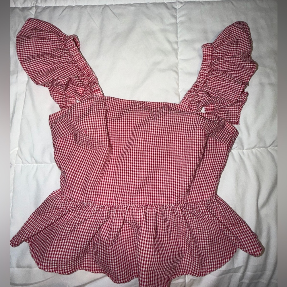 Red Gingham Ruffle Sleeve Blouse
